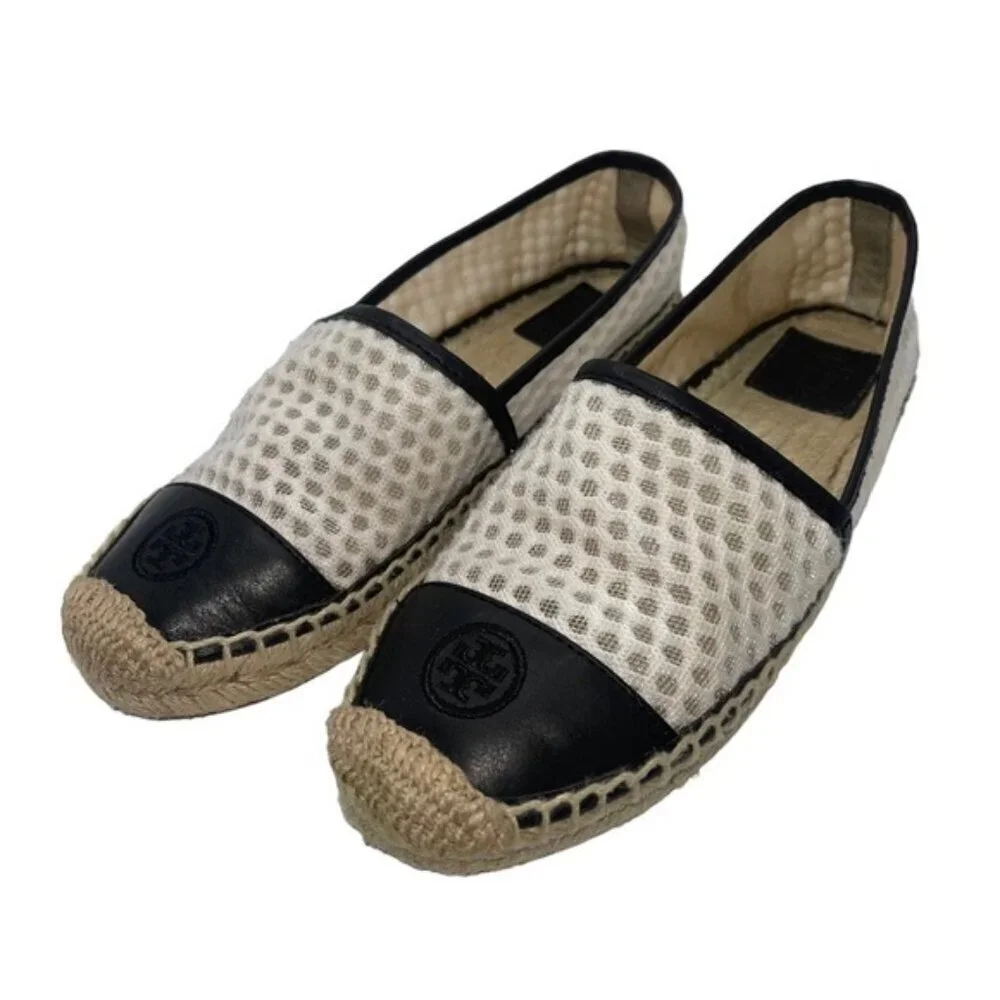 Tory Burch Espadrilles Women Size 6.5 US Black White Mesh Vegan‎ Leather Grenada